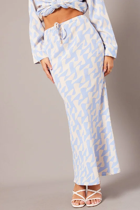 Blue Abstract Slip Skirt Maxi Drawstring Waist