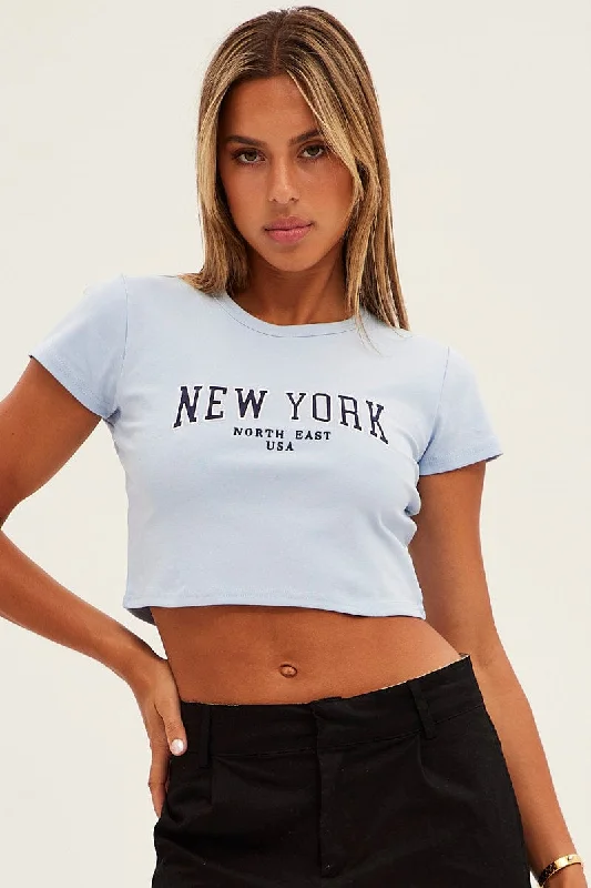 Blue Baby Tee Short Sleeve Crop Round Neck