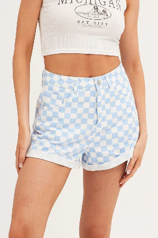 Blue Check Relaxed Denim Shorts High Rise