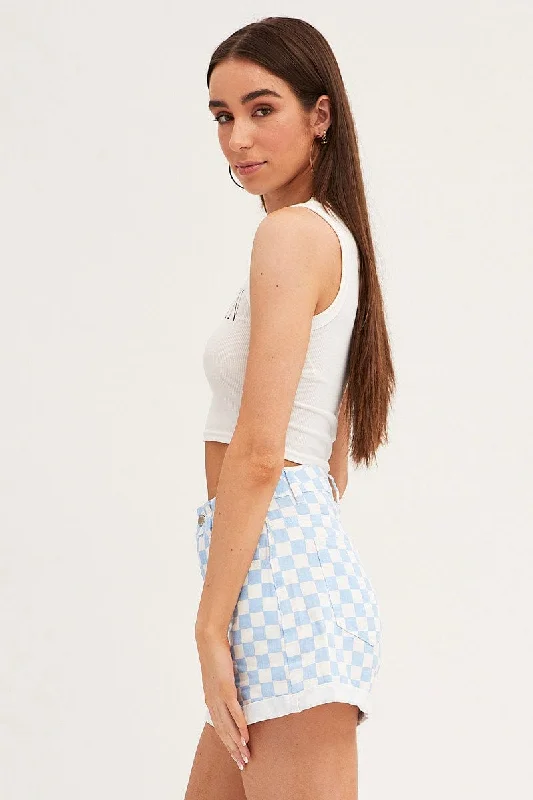 Blue Check Relaxed Denim Shorts High Rise