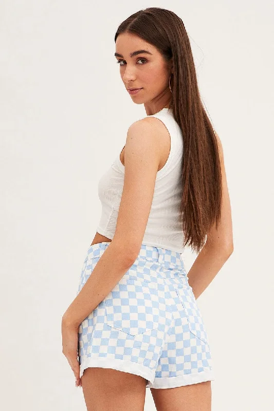 Blue Check Relaxed Denim Shorts High Rise