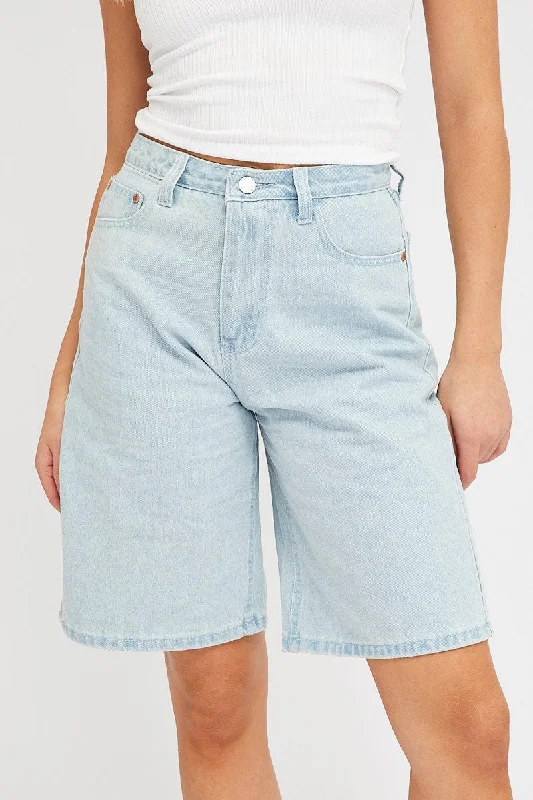 Blue Denim Knee Length Denim Shorts Relaxed