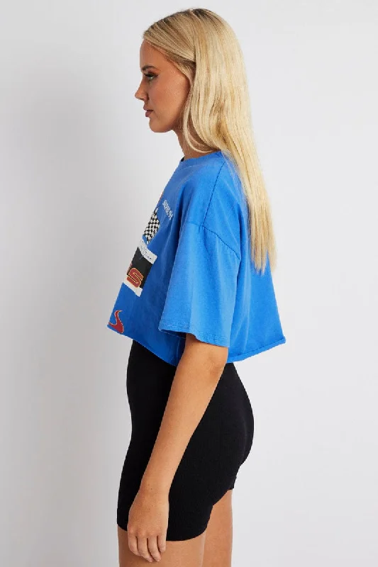 Blue Graphic Tee Motocross Racing Crop Top T-shirt