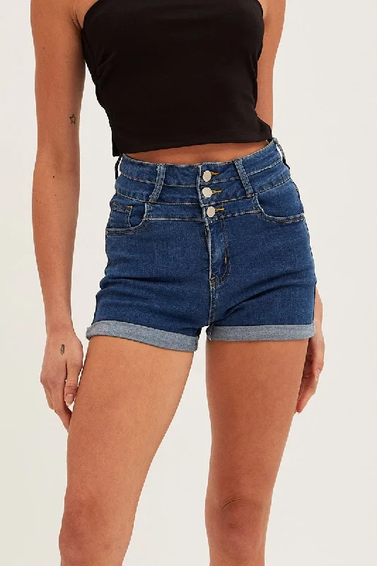 Blue High Waist 3 Button Stretch Denim Shorts