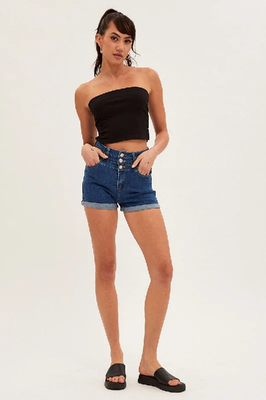 Blue High Waist 3 Button Stretch Denim Shorts