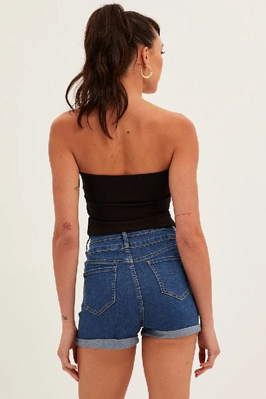 Blue High Waist 3 Button Stretch Denim Shorts