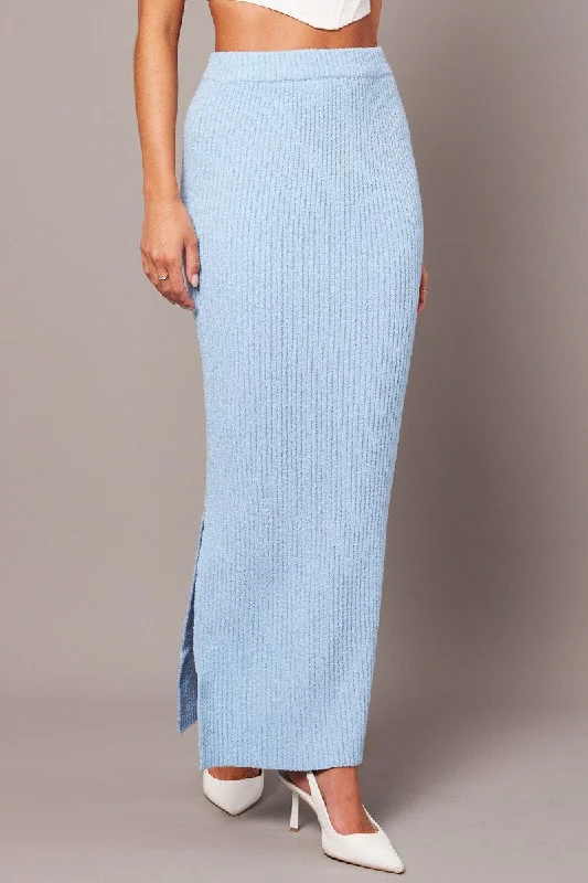 Blue Knit Skirt High Rise Midi