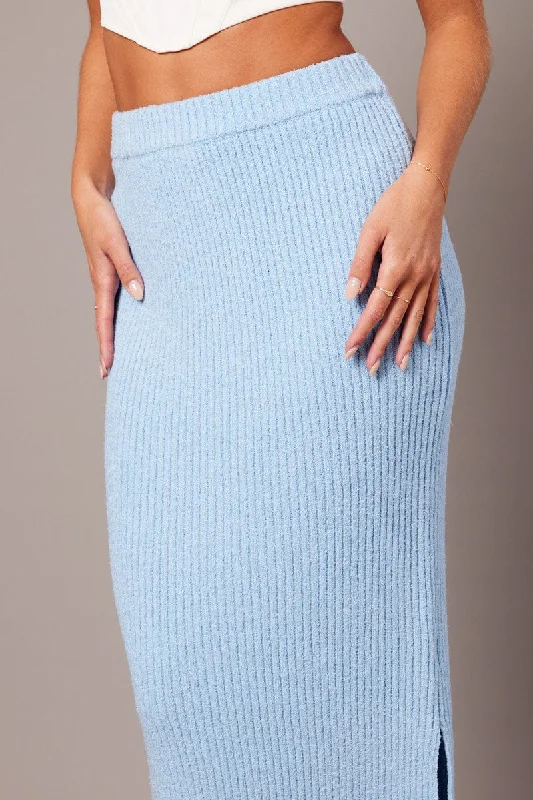 Blue Knit Skirt High Rise Midi