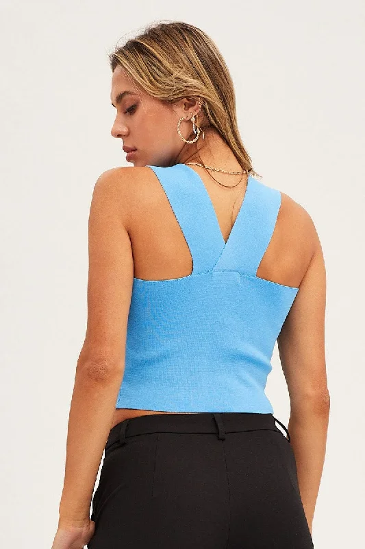 Blue Knit Top Sleeveless Crop Square Neck