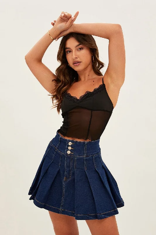 Blue Mid Rise Pleated Denim Mini Skirt