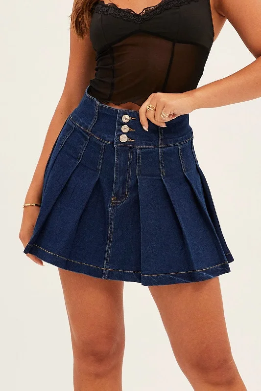 Blue Mid Rise Pleated Denim Mini Skirt