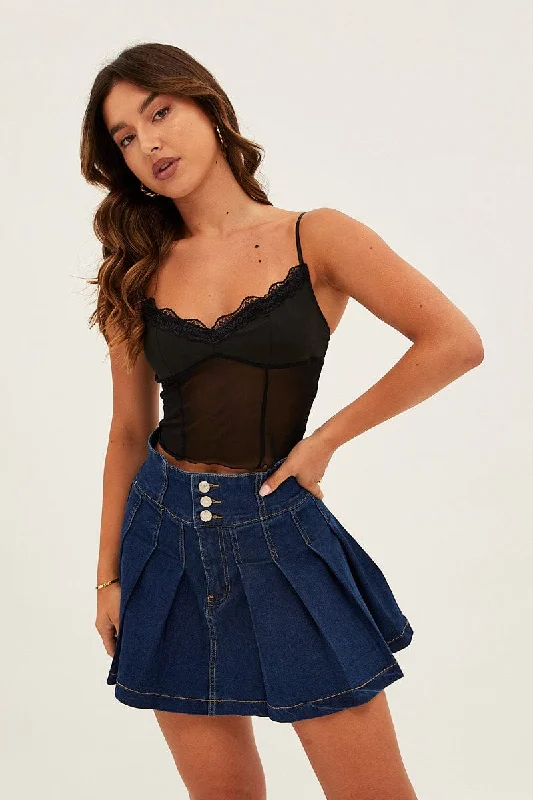 Blue Mid Rise Pleated Denim Mini Skirt