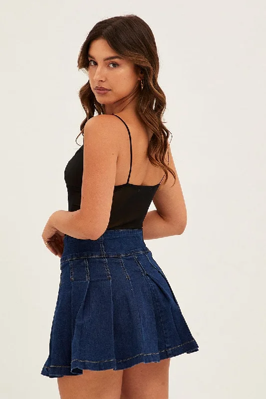 Blue Mid Rise Pleated Denim Mini Skirt