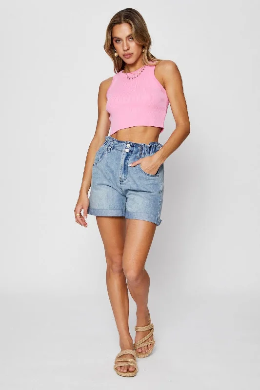 Blue Paper Bag Denim Shorts High Waist