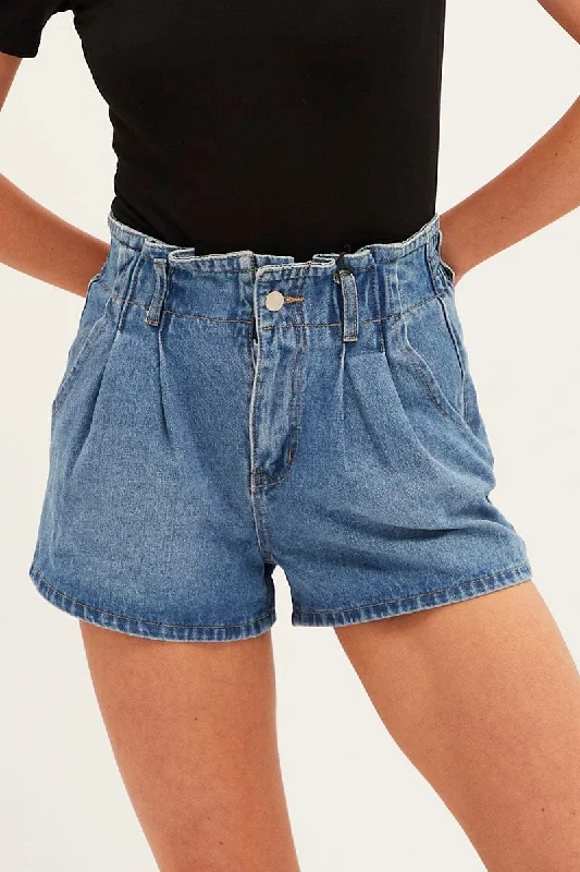 Blue Paperbag Denim Shorts High Rise