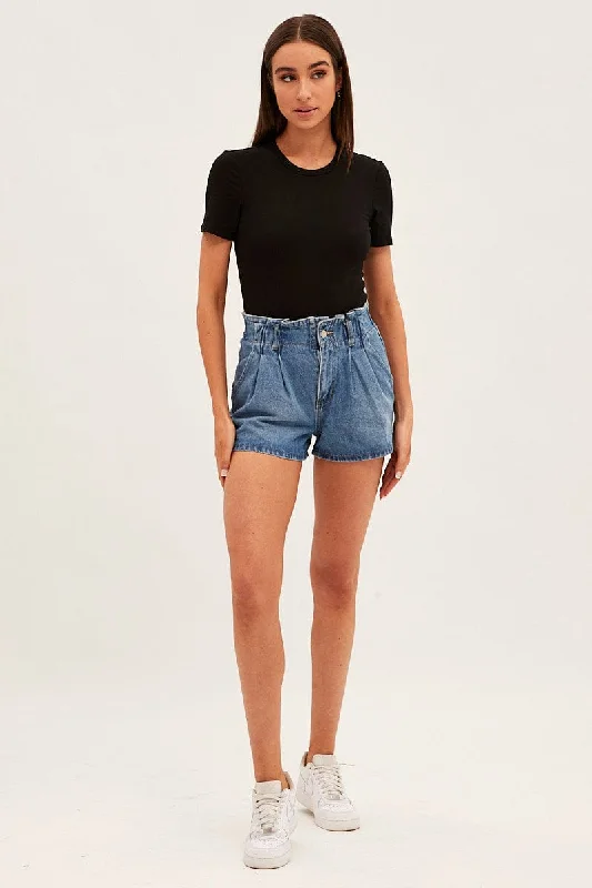 Blue Paperbag Denim Shorts High Rise