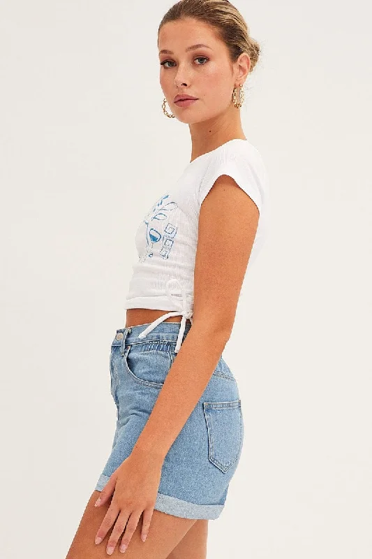 Blue Paperbag Denim Shorts High Rise