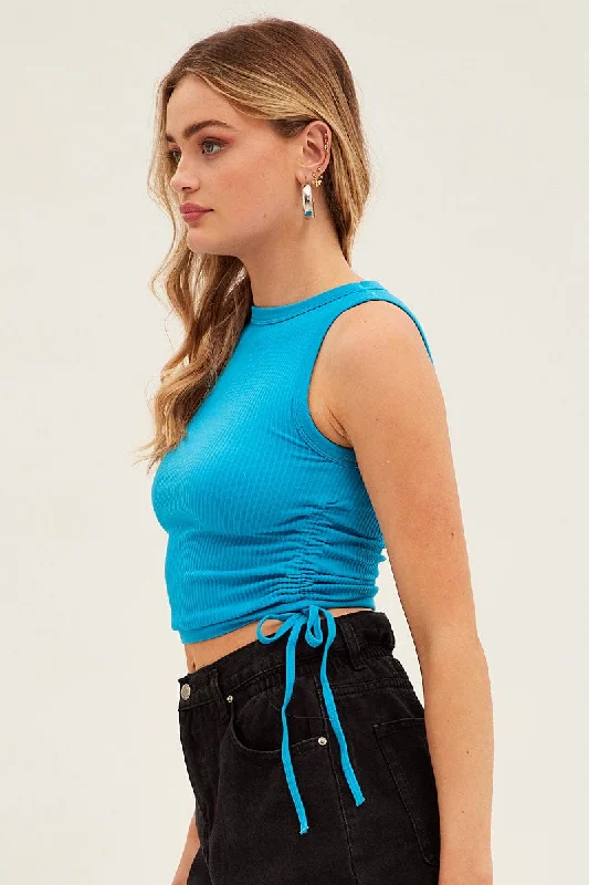 Blue Ruched Tank Top Crew Neck Seamless