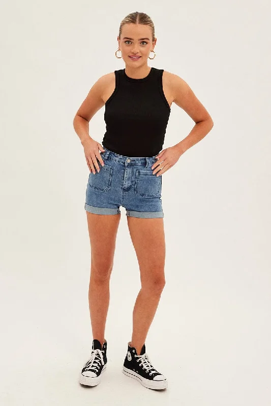 Blue Skinny Denim Shorts High Waist Out Pocket