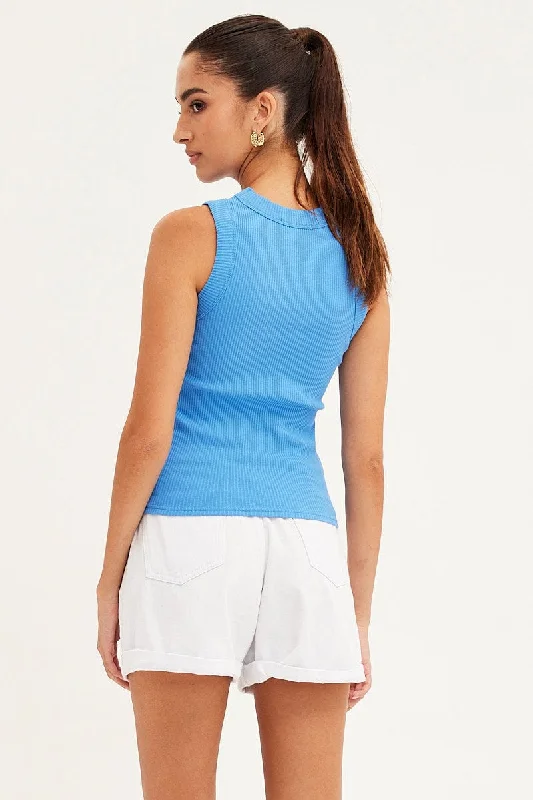 Blue Tank Top Sleeveless Crew Neck