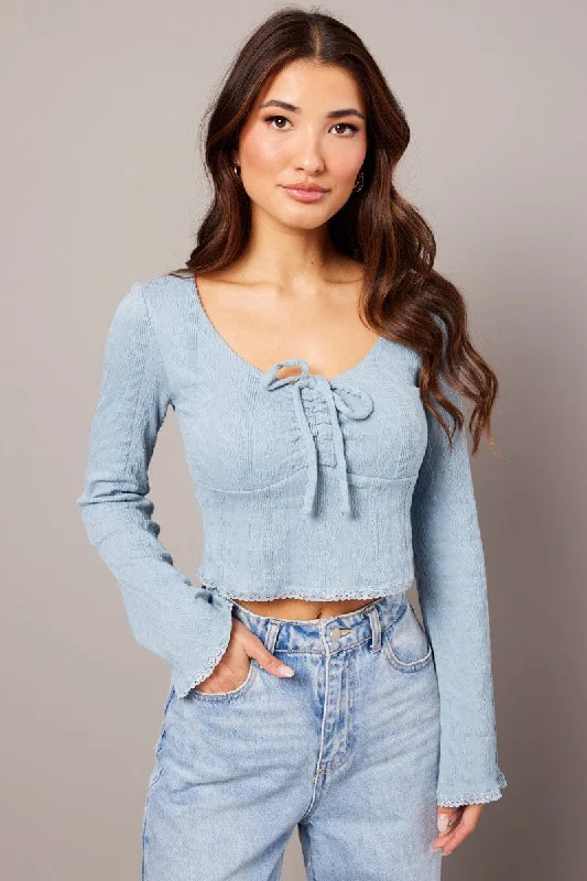 Blue Textured Top Long Sleeve