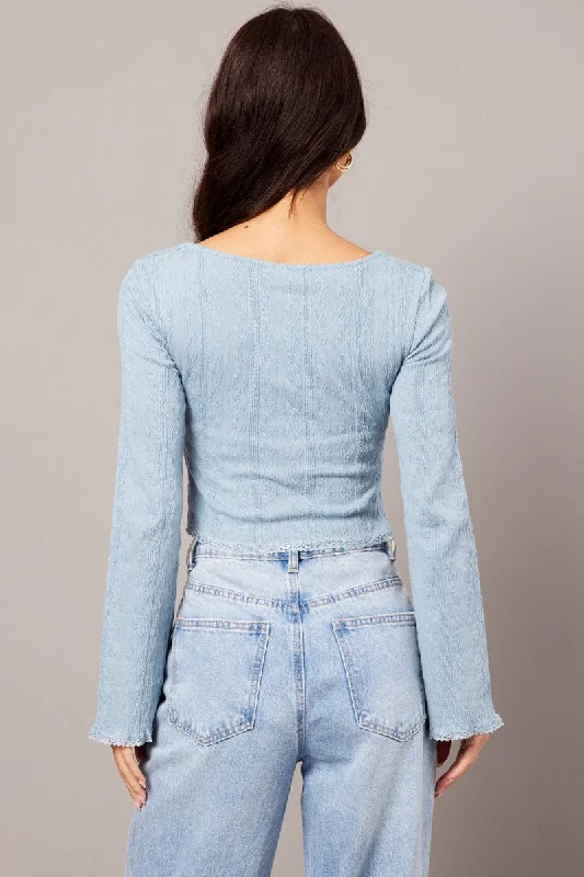 Blue Textured Top Long Sleeve