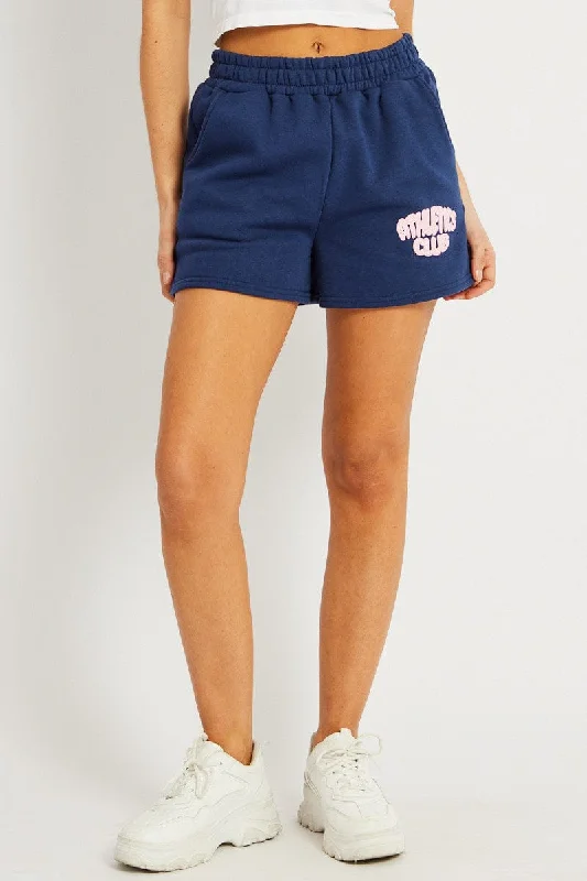 Blue Track Shorts High Rise Elastic Waist