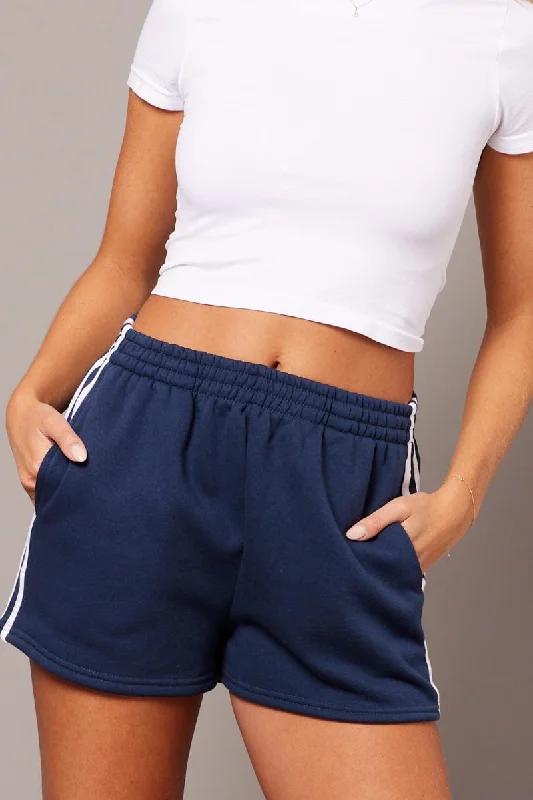 Blue Track Shorts High Rise Elastic Waist