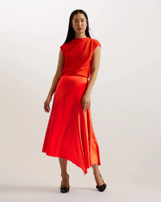 Bolsena Asymmetric Satin Midi Skirt Red