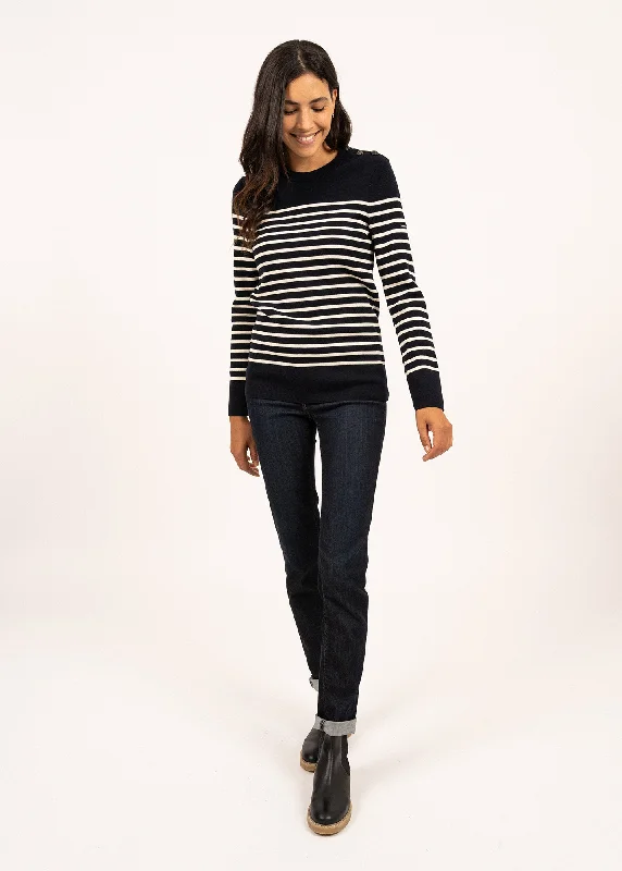 BREGANCON - Breton Striped Sweater with Jacquard Elbow Patch for Women (NAVY / IVORY)