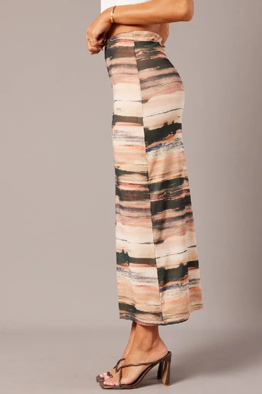 Brown Abstract Midi Skirt High Rise Mesh