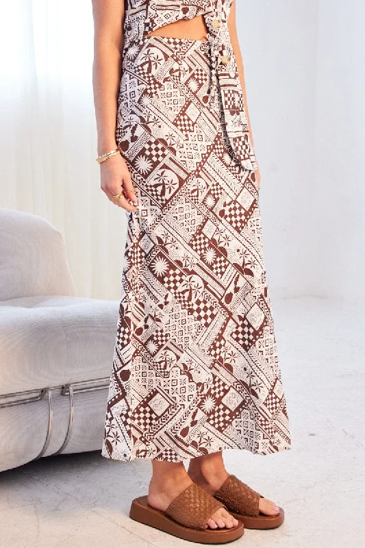 Brown Abstract Midi Skirt Mid Rise