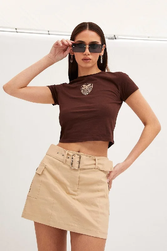 Brown Baby Tee Crew Short Sleeve Graphic Crop