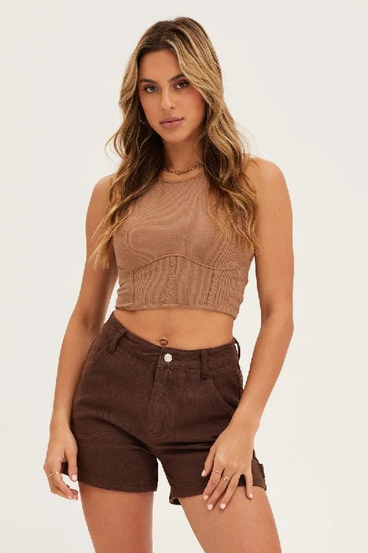 Brown Carpenter Denim Shorts High Rise