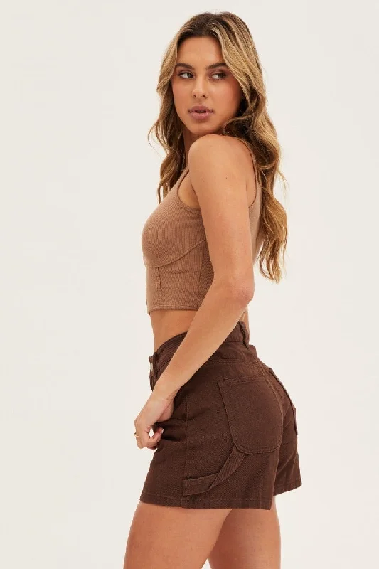 Brown Carpenter Denim Shorts High Rise