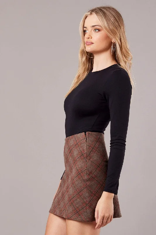 Brown Check Mini Skirt High Rise