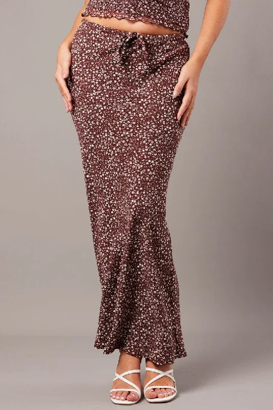 Brown Ditsy Slip Skirt Maxi