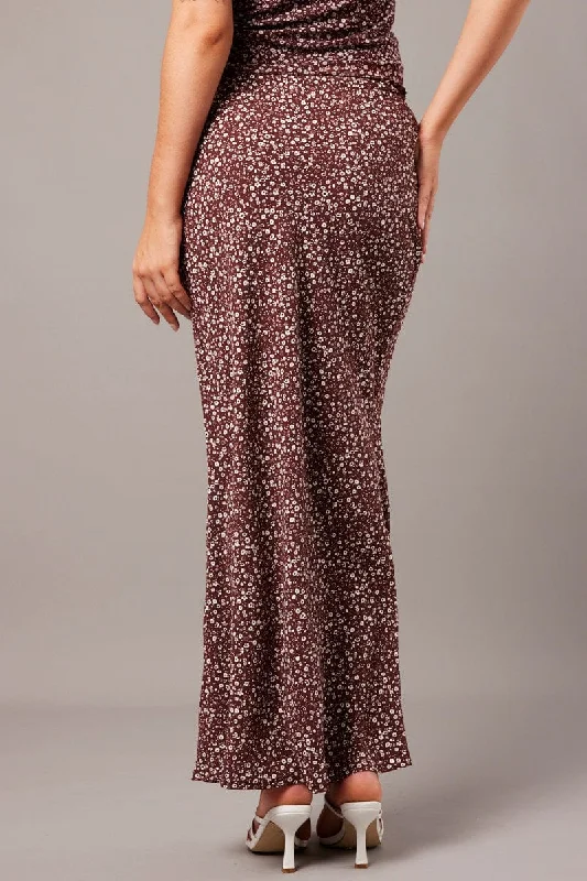 Brown Ditsy Slip Skirt Maxi