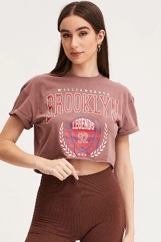 Brown Graphic T Shirt Crop