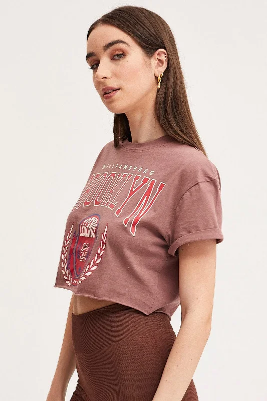 Brown Graphic T Shirt Crop