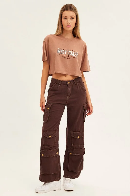 Brown San Diego Crew Short Sleeve Graphic Crop T-Shirt