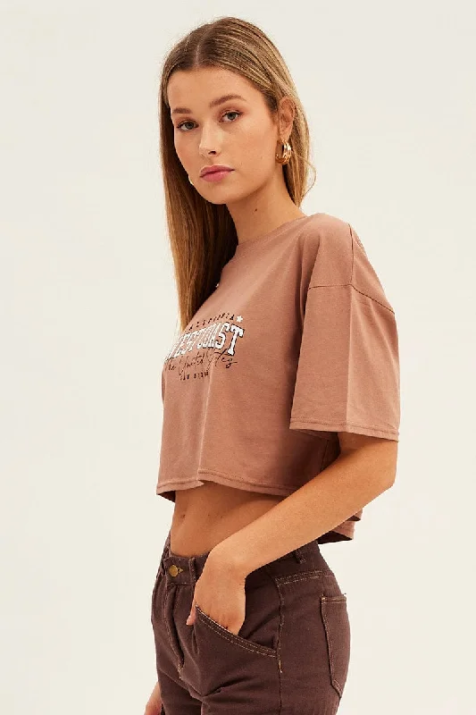 Brown San Diego Crew Short Sleeve Graphic Crop T-Shirt