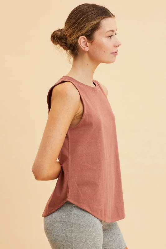 Brown Sleeveless Tank Cotton Crew Neck Curved Hem