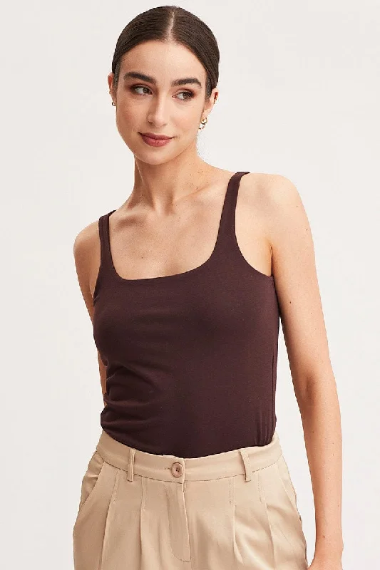 Brown Tank Top Sleeveless Square Neck Cotton