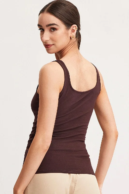 Brown Tank Top Sleeveless Square Neck Cotton