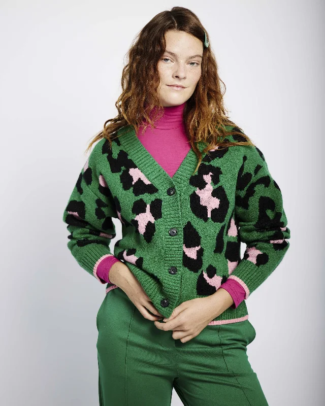 Button Through Cardigan in Pink and Green Opulent Animal