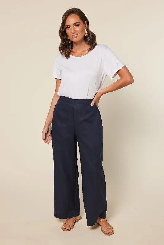 Camille Linen Wide Leg Pant in Navy