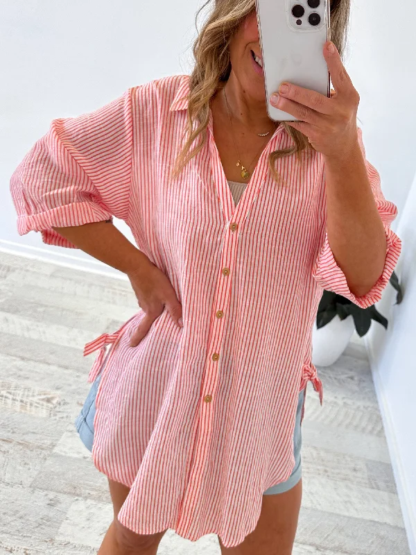 Cole Shirt - Coral Stripe