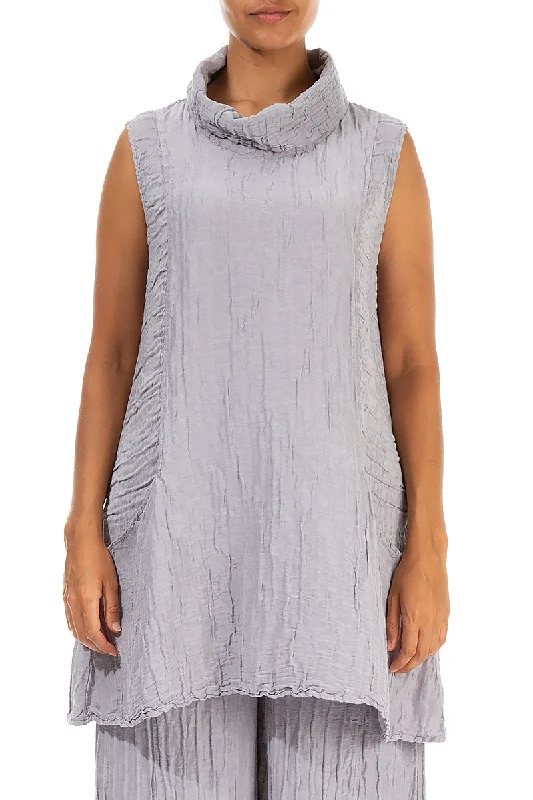 Cowl Neck Crinkled Lilac Grey Silk Tunic