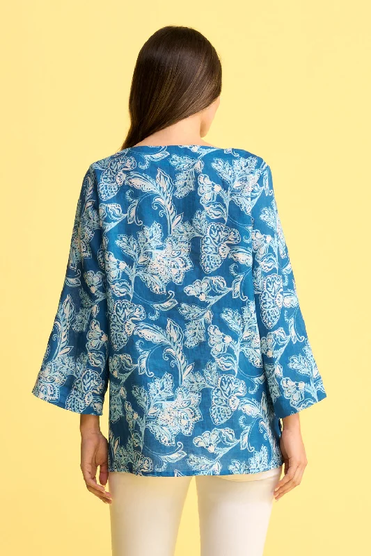 French Linen Button Detail Top - Blue Print